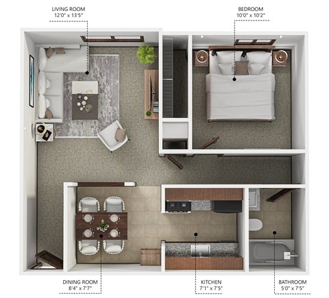 Floor plan for 1 bed, 1 bath, 650 sqft